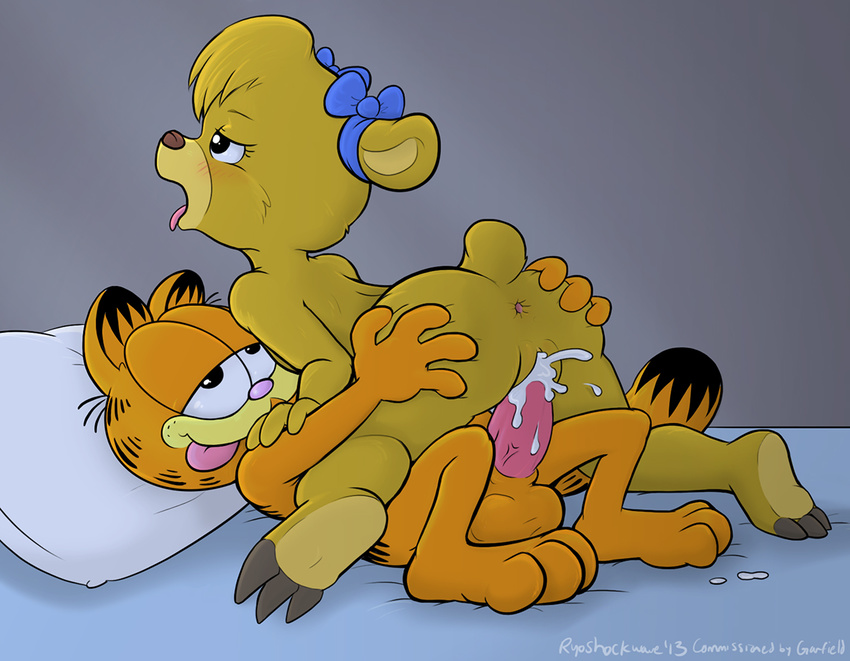 anthro anus balls bear blush butt cowgirl_position crossover cub cum cum_in_pussy cum_inside disney duo erection feline female garfield garfield_(series) hair_bow interspecies male mammal molly_cunningham penetration penis pillow pussy reverse_missionary ryoshockwave sex straight talespin tongue tongue_out vaginal vaginal_penetration young