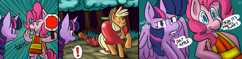 apple applejack_(mlp) blonde_hair blue_eyes clothing comic costume cowboy_hat crown cutie_mark dialog english_text equine eyes_closed fauxsquared female feral forest freckles friendship_is_magic fruit fur hair hat horn horse invalid_color long_hair mammal multi-colored_hair my_little_pony open_mouth orange_fur outside pink_fur pink_hair pinkie_pie_(mlp) pony purple_eyes purple_hair smile stop_sign sweat text tree twilight_sparkle_(mlp) vest whistle winged_unicorn wings