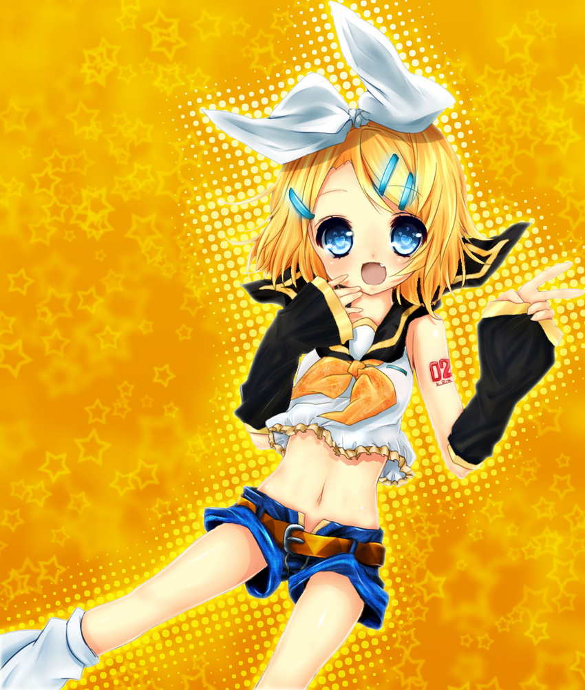 blonde_hair blue_eyes colorized highres inaresi kagamine_rin pitui1996 solo vocaloid yellow_background