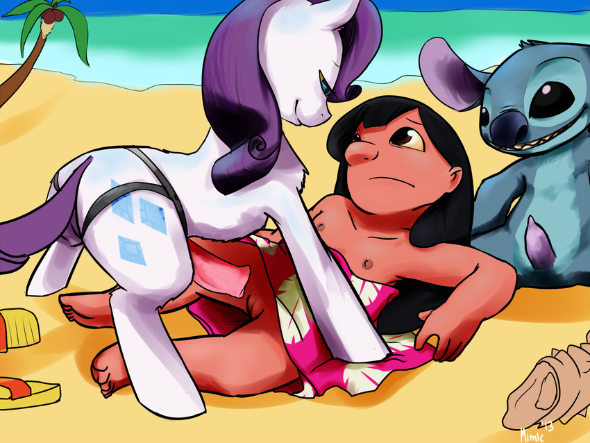 alien beach blue_eyes blue_fur breasts brown_eyes crossover cutie_mark dildo disney equine erection female friendship_is_magic fur hair horn horse human imminent_sex lesbian lilo lilo_and_stitch male mammal mimicpony my_little_pony nipples penis pony purple_hair pussy rarity_(mlp) seaside sex_toy signature small_breasts smile stitch strapon unicorn white_fur young