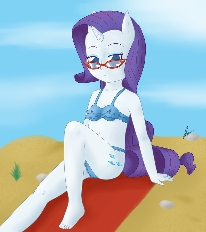 anthro anthrofied beach bikini child cutie_mark eyewear female friendship_is_magic glasses horn human humanized looking_at_viewer makeup mammal my_little_pony rarity_(mlp) sand seaside sitting solo swimsuit young