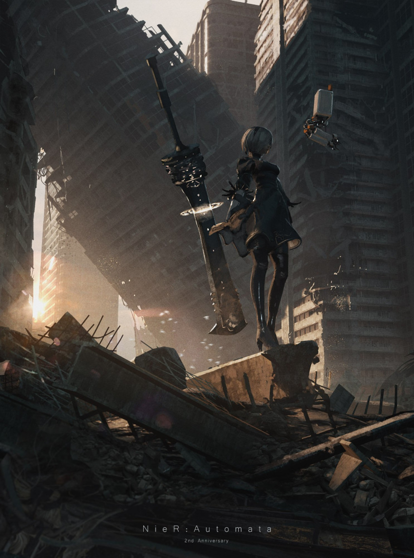 android beastlord_(sword) black black_blindfold black_dress black_hairband blindfold boots building covered_eyes debris dress feather-trimmed_sleeves greatsword hairband high_heel_boots high_heels highres light_rays nier_(series) nier_automata pod_(nier_automata) robot rounin_(amuza) rubble ruins scenery skyscraper standing sunbeam sunlight sunset title white_hair yorha_no._2_type_b