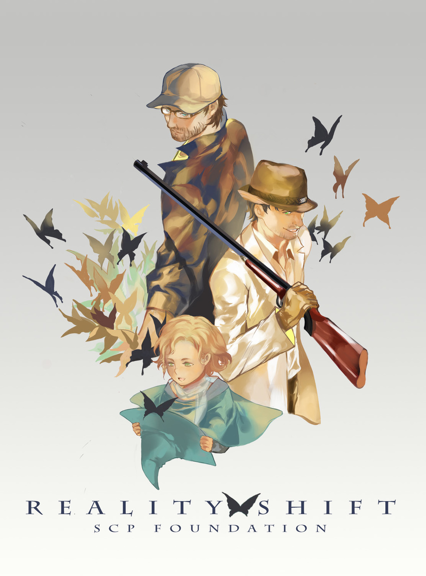 2boys alto_clef back-to-back bad_id bad_pixiv_id baseball_cap beard blonde_hair brown_hair bug butterfly copyright_name english facial_hair glasses gloves gradient gradient_background gray-witch_hai_miko green_eyes gun hat hat_removed headwear_removed highres insect kondraki labcoat multiple_boys mustache open_mouth parted_lips scp-239 scp-408 scp_foundation short_hair smile weapon witch_hat