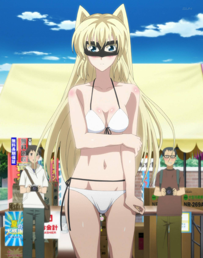 2boys absurdres airi_altinate bikini blonde_hair blue_eyes blush body_blush breasts cleavage cloud day digital_camera front-tie_top highres long_hair mask multiple_boys people screencap side-tie_bikini sky solo_focus swimsuit yuusha_ni_narenakatta_ore_wa_shibushibu_shuushoku_wo_ketsui_shimashita.