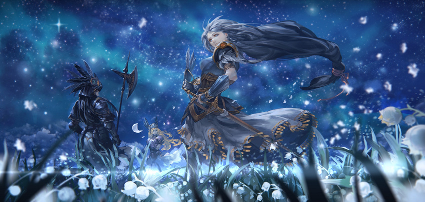 alcd armor armored_dress axe blonde_hair blue_eyes breasts feathers field flower helmet highres hrist_valkyrie lenneth_valkyrie long_hair medium_breasts multiple_girls night night_sky silmeria_valkyrie silver_hair sky sword thighhighs valkyrie valkyrie_profile weapon