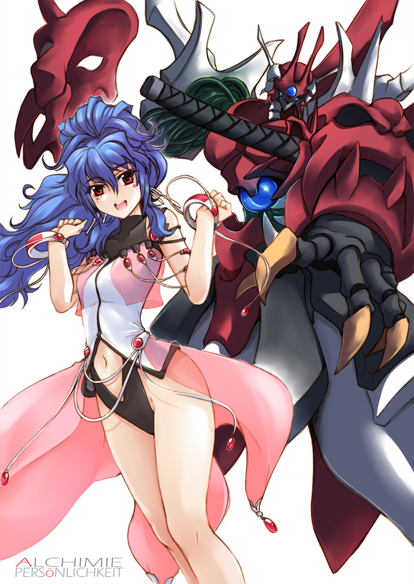 :d alfimi blue_hair bracelet character_name claws earrings facial_mark haganef highres jewelry katana long_hair mask mecha midriff navel open_mouth persoenlichkeit red_eyes see-through simple_background skirt smile super_robot_wars super_robot_wars_original_generation sword weapon white_background