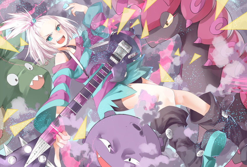 bass_guitar blue_eyes boots dress electric_guitar freckles gen_1_pokemon gen_5_pokemon guitar gym_leader hair_bobbles hair_ornament highres homika_(pokemon) instrument koffing open_mouth plectrum pokemon pokemon_(creature) pokemon_(game) pokemon_bw2 scolipede short_dress short_hair smoke striped striped_dress topknot transistor trubbish white_hair