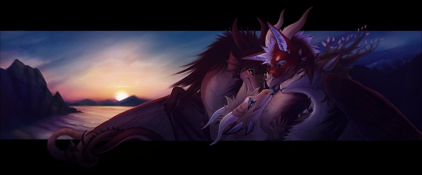 ambiguous_gender amyth amyth_(character) blue_eyes cuddling dalmatia detailed_background dragon ear_piercing eyes_closed fur furred_dragon group half-closed_eyes haru horn licking mountain ouka_(character) outside piercing red_fur sea sunrise tongue water white_fur wings yellow_eyes yellow_fur
