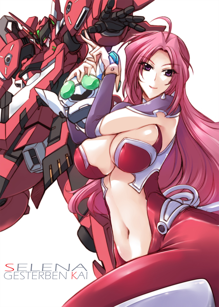 ahoge breasts character_name elma gesterben_kai haganef highres large_breasts long_hair mecha navel outstretched_arm pink_hair purple_eyes robot selena_recital simple_background smile super_robot_wars super_robot_wars_og_dark_prison white_background