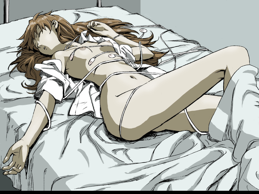 1girl bed bed_sheet bottomless breasts electrode electrodes end_of_evangelion female hospital hospital_bed indoors long_hair neon_genesis_evangelion nipples no_panties nude on_bed open_shirt shirt small_breasts small_nipples solo soryu_asuka_langley unconscious