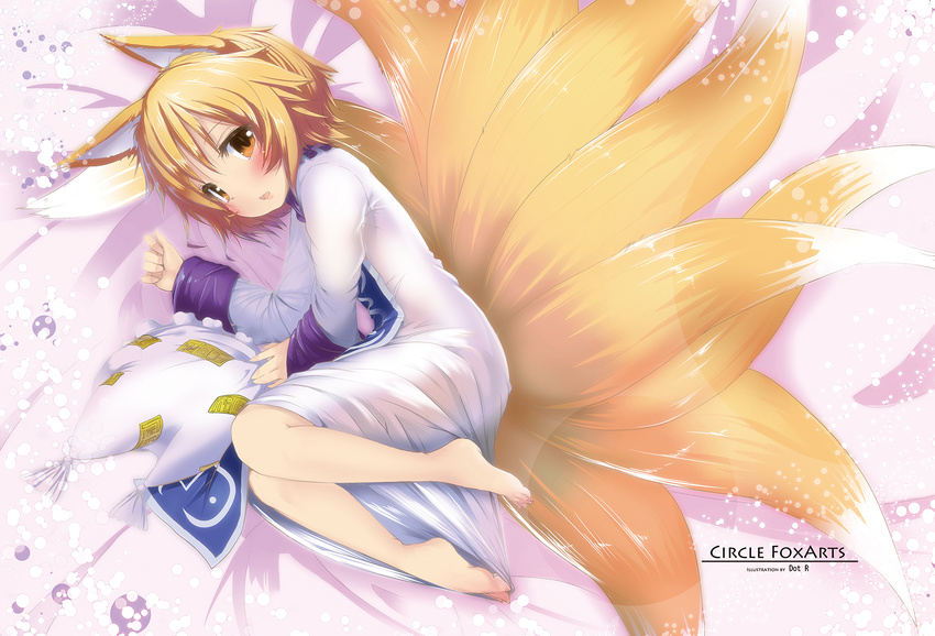 animal_ears barefoot blonde_hair blush brown_hair dot_r fox_ears fox_tail hat hat_removed headwear_removed highres looking_at_viewer lying multiple_tails on_side open_mouth short_hair smile solo tail touhou yakumo_ran yellow_eyes younger