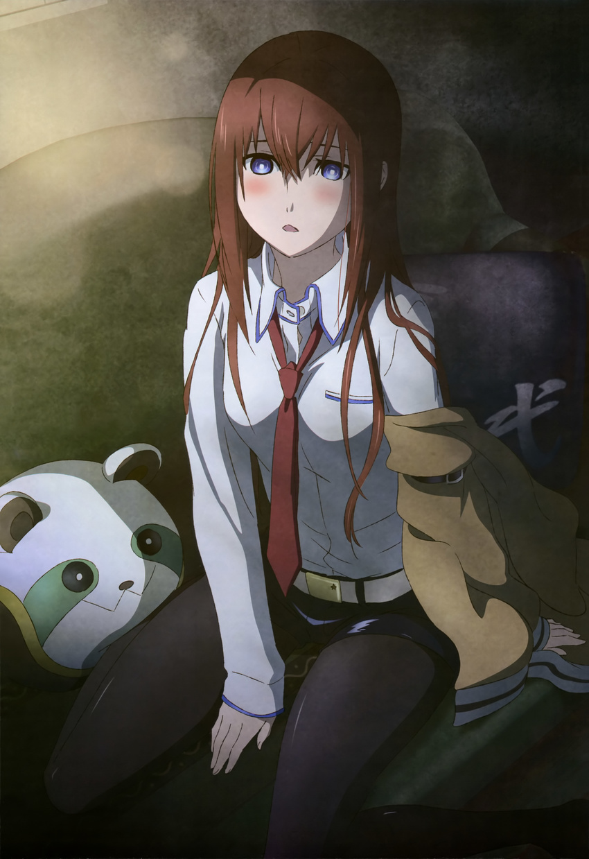 absurdres arm_support black_legwear blue_eyes blush brown_hair hair_between_eyes highres jacket long_hair makise_kurisu necktie nyantype off_shoulder official_art open_mouth pantyhose red_neckwear sakai_kyuuta scan shorts sitting sleeves_past_wrists solo steins;gate upa_(steins;gate) wariza