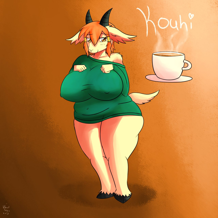 animal_ears anthro big_breasts blush bottomless breasts caprine chubby clothing coffee female fur goat hair half-closed half-closed_eyes hooves horn huge_breasts kouhi_(character) looking_at_viewer mammal orange_eyes orange_hair pakki-sukibe_(artist) plain_background smile solo standing sweater text thick_thighs wide_hips