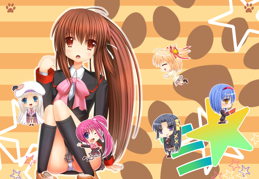 6+girls bow brown_hair chibi highres kamikita_komari kurugaya_yuiko little_busters! long_hair multiple_girls natsume_rin nishizono_mio noumi_kudryavka panties pantyshot pantyshot_(sitting) pink_bow ponytail red_eyes saigusa_haruka school_uniform shadoued sitting underwear white_panties