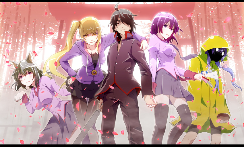 araragi_koyomi bakemonogatari hanekawa_tsubasa kanbaru_suruga monogatari_(series) oshino_shinobu petals s.h.v senjougahara_hitagi