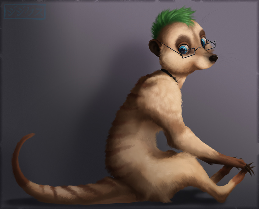 ambiguous_gender blue_eyes collar eyewear feral glasses green_hair hair jijix meerkat solo techkat