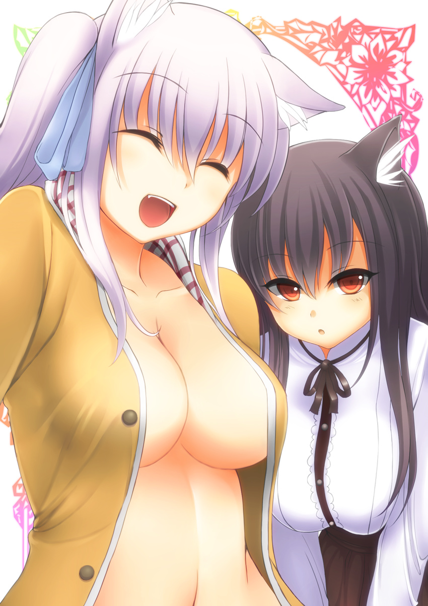 animal_ears aogu black_hair blush borrowed_character breasts cat_ears cleavage closed_eyes highres large_breasts long_hair mia_flatpaddy multiple_girls open_clothes open_mouth open_shirt original shia_flatpaddy shirt smile