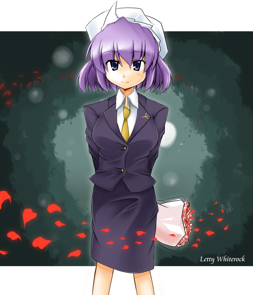 absurdres blue_eyes bouquet business_suit flower formal hat highres jacket letty_whiterock miniskirt necktie pencil_skirt purple_hair shimanaka_arihito skirt skirt_suit solo suit touhou