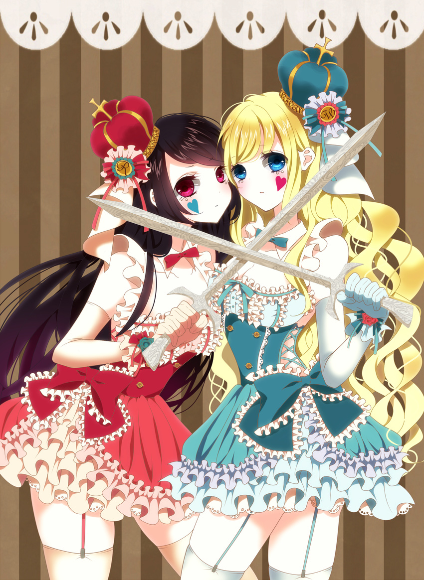 2girls absurdres black_hair blonde_hair blue_dress blue_eyes bow bowtie breasts cheek-to-cheek cleavage crown curly_hair detached_collar dress elbow_gloves facial_mark female garter_belt garter_straps gloves heart highres holding large_breasts long_hair looking_at_viewer multiple_girls original pink_eyes red_dress ribbon sona striped striped_background sword thighhighs very_long_hair weapon