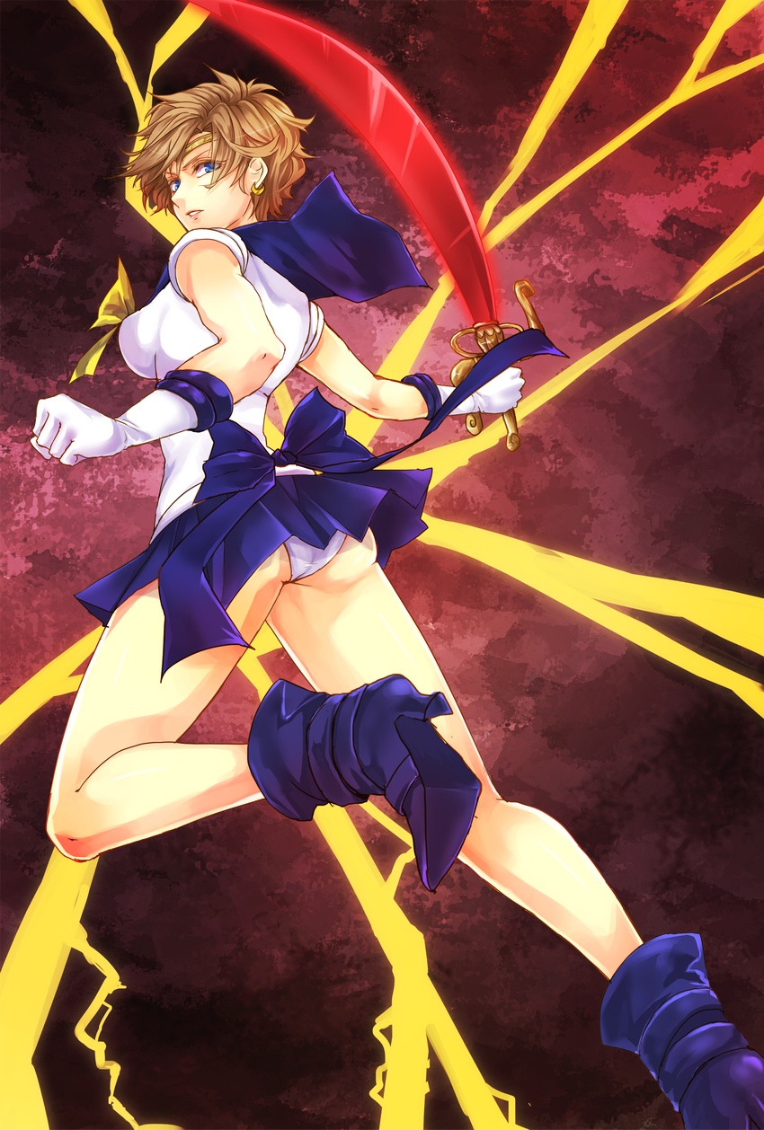 absurdres back_bow bishoujo_senshi_sailor_moon blue_footwear blue_sailor_collar blue_skirt boots bow full_body highres looking_back sailor_collar sailor_senshi_uniform sailor_uranus short_hair skirt solo space_sword ten'ou_haruka valconis very_short_hair yellow_bow