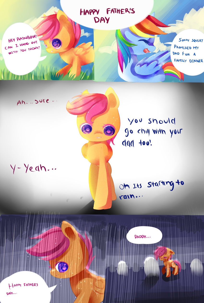 blue_fur comic crying cub dialog english_text equine eyes_closed female feral friendship_is_magic fur grass grave graveyard hair horse long_hair mammal multi-colored_hair my_little_pony open_mouth orange_fur outside pegasus pony purple_eyes purple_hair rain rainbow_dash_(mlp) rainbow_hair sad scootaloo_(mlp) smile text tombstone wet wings young