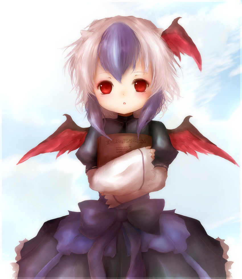 :o amanojaku bad_id bad_pixiv_id bird_wings book book_hug bow child cloud curiosities_of_lotus_asia dress head_wings highres holding holding_book horns long_sleeves multicolored_hair open_mouth puffy_short_sleeves puffy_sleeves purple_hair red_eyes red_wings short_sleeves silver_hair single_head_wing sky tokiko_(touhou) touhou two-tone_hair wings