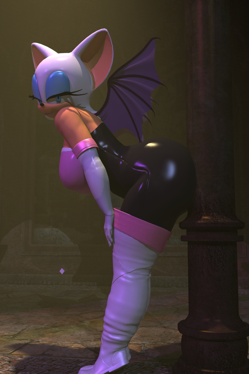 big_breasts big_butt blx24 bodysuit boots breasts butt cgi female looking_at_viewer rouge_the_bat sega skinsuit solo sonic_(series) wide_hips