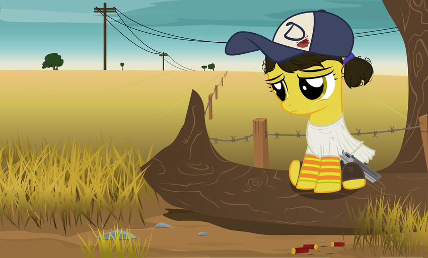 absurd_res blood brown_hair clementine_(the_walking_dead) clothing crossover equine female friendship_is_magic grass gun hair hat hi_res horse mammal my_little_pony outside ponification pony ranged_weapon sad solo the_walking_dead weapon xenoneal yellow_eyes