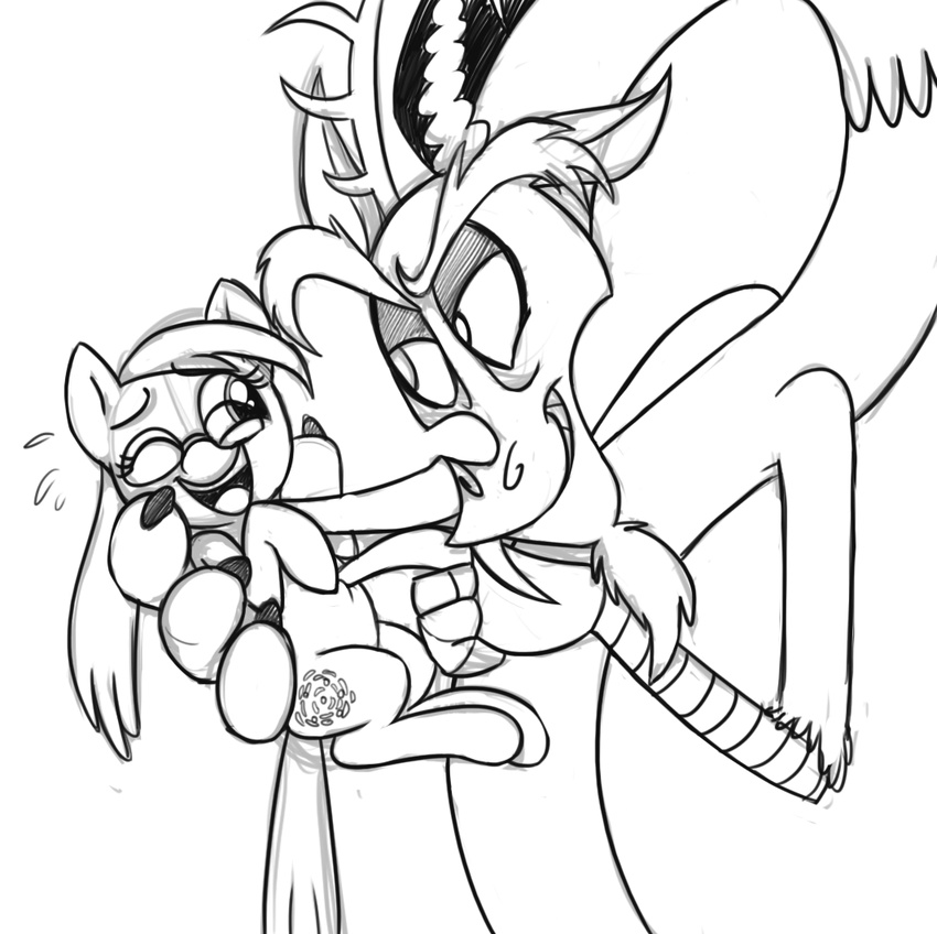 cute cutie_mark discord_(mlp) draconequus equine eye_contact female feral friendship_is_magic hair horse male mammal mickeymonster monochrome my_little_pony original_character pony smile teeth tooth