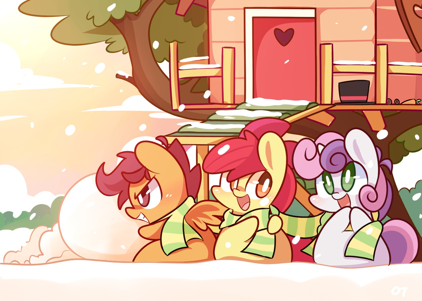 &lt;3 amber_eyes apple_bloom_(mlp) bow chibi chubby clothing cub cute cutie_mark_crusaders_(mlp) door equine female feral friendship_is_magic fur green_eyes group hair horn horse lifeloser long_hair mammal my_little_pony open_mouth orange_fur outside pegasus pony purple_eyes purple_hair red_hair scarf scootaloo_(mlp) smile snow snowball snowing sweetie_belle_(mlp) teeth text tongue tree tree_house two_tone_hair unicorn white_fur wings young