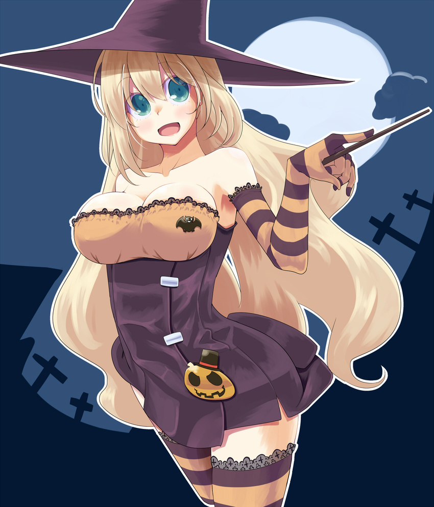 atago_(kantai_collection) bat blonde_hair blue_eyes breasts elbow_gloves full_moon gloves halloween hat highres hujikok jack-o'-lantern kantai_collection large_breasts long_hair moon open_mouth socks solo striped striped_gloves striped_legwear thighhighs wand witch_hat