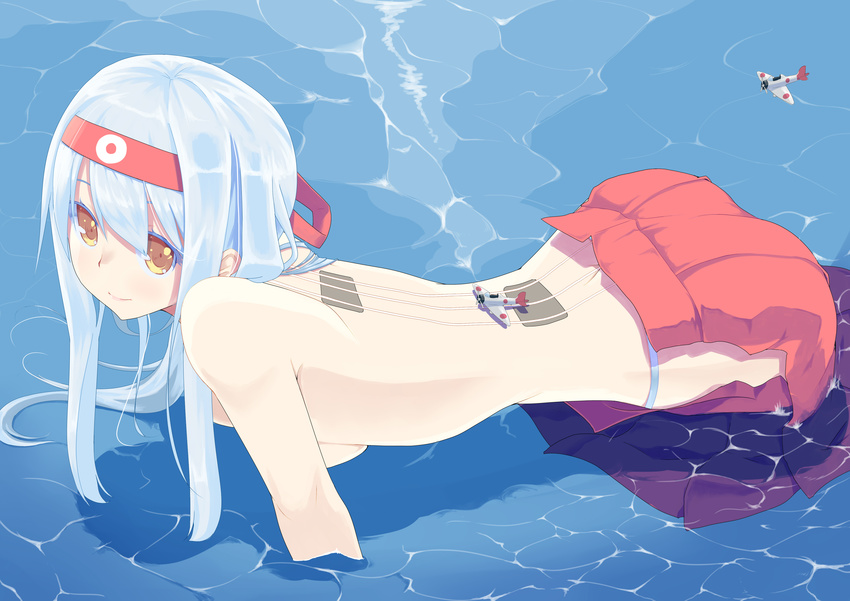 absurdres aircraft airplane all_fours blue_hair breasts headband highres hujikok japanese_clothes kantai_collection long_hair looking_at_viewer medium_breasts ocean panties runway shoukaku_(kantai_collection) sideboob smile solo topless underwear wading water yellow_eyes