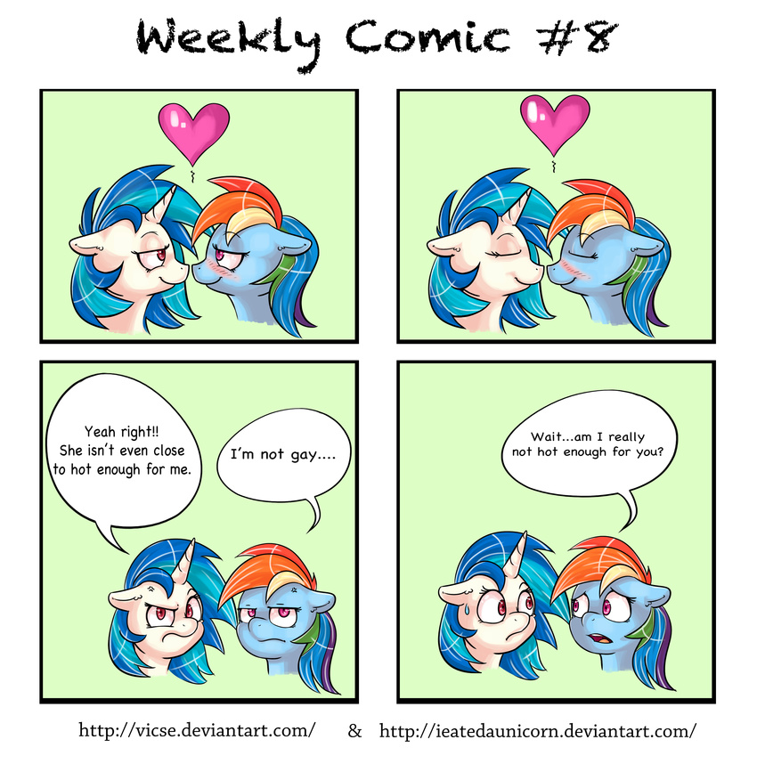 absurd_res blue_fur blue_hair blush comic dialog duo english_text equine eyes_closed face_to_face female feral friendship_is_magic fur hair hi_res horn horse long_hair looking_at_viewer mammal multi-colored_hair my_little_pony open_mouth pegasus plain_background pony purple_eyes rainbow_dash_(mlp) rainbow_hair red_eyes smile sweat text tongue two_tone_hair unicorn vain vicse vinyl_scratch_(mlp) white_fur wings