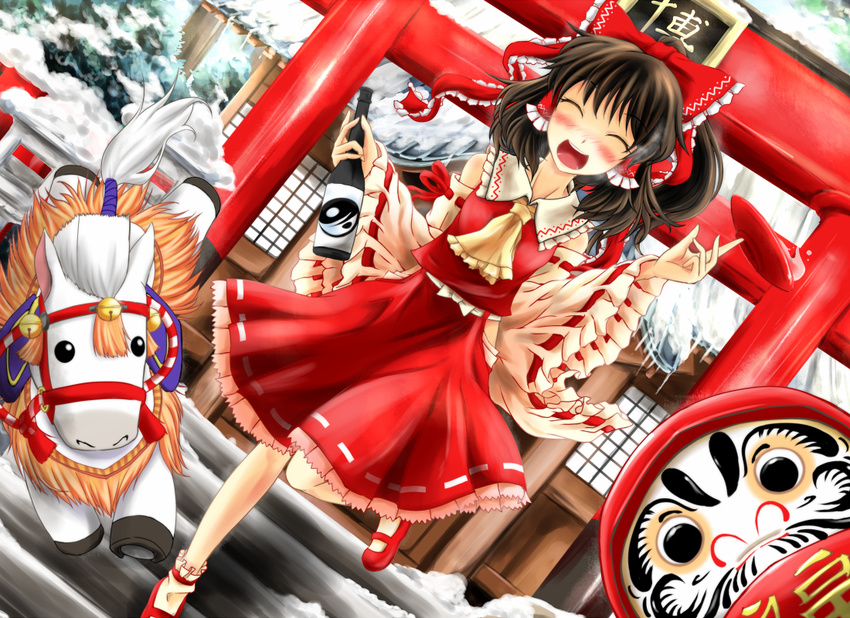 ankle_socks architecture ascot bell blush bottle bow brown_hair bush daruma_doll detached_sleeves drunk dutch_angle east_asian_architecture hair_bow hair_tubes hakurei_reimu icicle jingle_bell knees_together_feet_apart leg_up mary_janes open_mouth pony shoes short_hair skirt skirt_set snow solo stairs tamasan torii touhou yin_yang