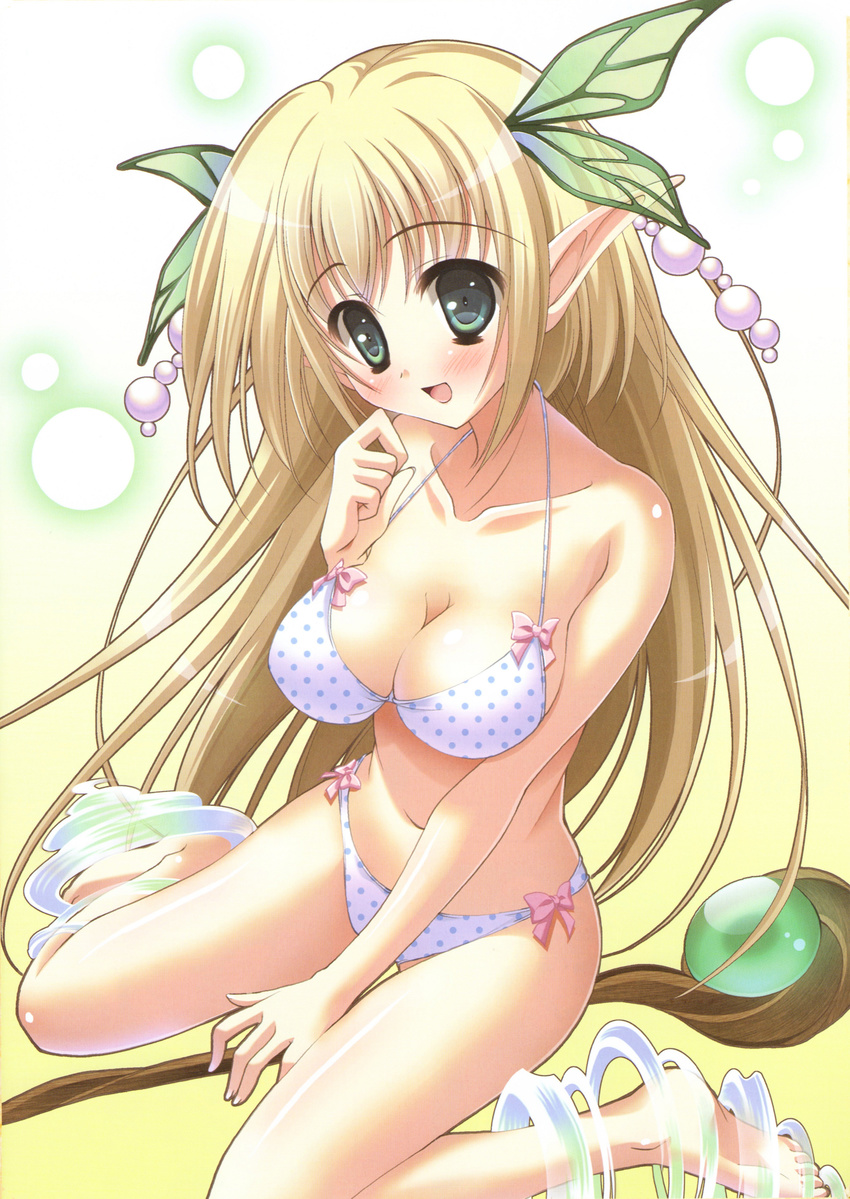 :d absurdres aqua_eyes barefoot beads between_legs bikini blonde_hair blush bow bow_bra bow_panties bra breasts cleavage collarbone elf feet from_side full_body gem genkai_tokki_monster_monpiece glowing gradient gradient_background hair_ornament halterneck hand_between_legs happy head_tilt head_wings highres large_breasts light_particles long_hair long_pointy_ears looking_at_viewer mitsui_mana navel official_art open_mouth panties pointy_ears polka_dot polka_dot_bra polka_dot_panties scan sitting slender_waist smile soles solo staff swimsuit sylph_(genkai_tokki_monster_monpiece) underwear underwear_only very_long_hair wariza weapon white_bikini white_bra white_panties wind yellow_background