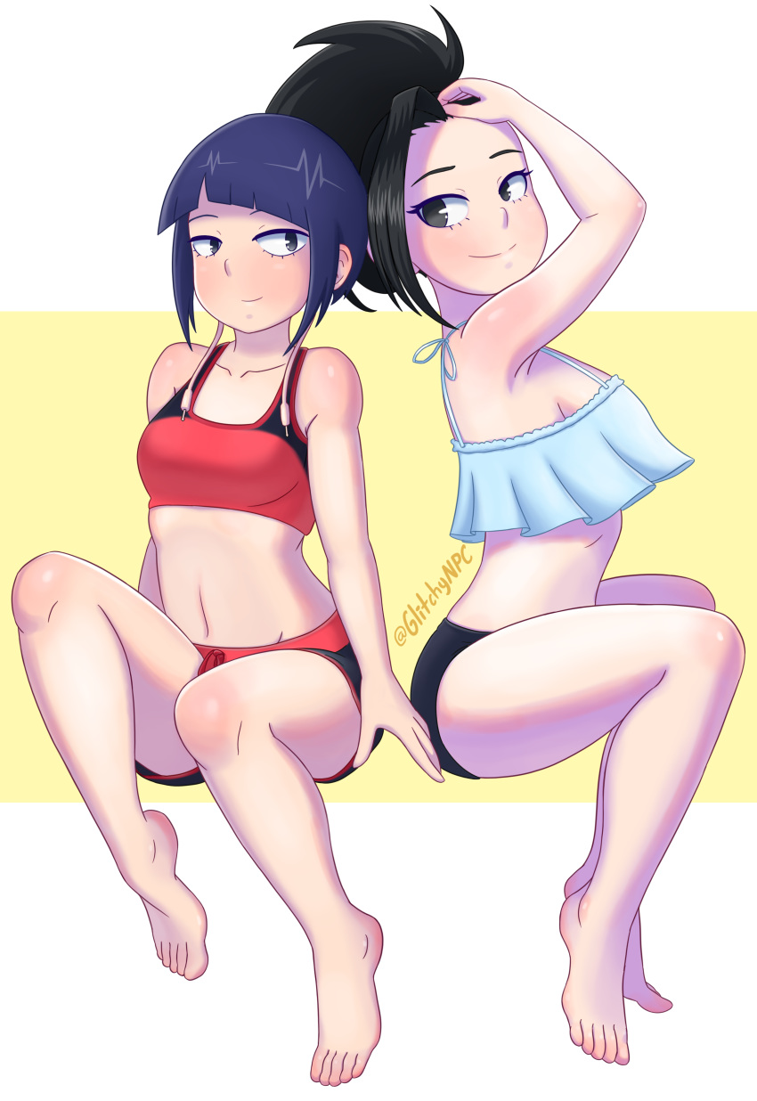 10s 2girls asymmetrical_hair bangs bare_arms bare_shoulders barefoot black_eyes black_hair blue_hair boku_no_hero_academia breasts closed_mouth collarbone feet frills glitchynpc jirou_kyouka medium_breasts midriff multiple_girls navel ponytail revision short_hair shorts simple_background sitting small_breasts smile sports_bra tied_hair toes yaoyorozu_momo