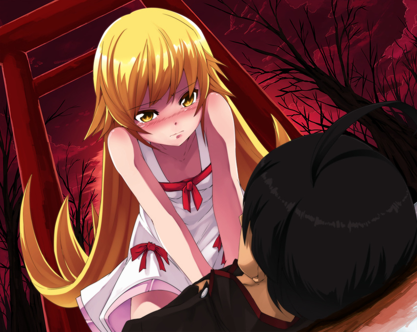 araragi_koyomi bakemonogatari blonde_hair blush clouds dress long_hair monogatari_(series) noa_(nagareboshi) oshino_shinobu ribbons seifuku short_hair sky tears tree yellow_eyes