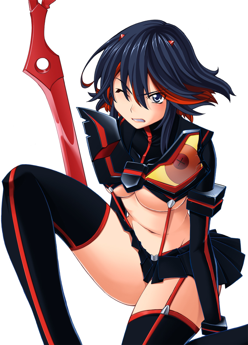 black_hair blue_eyes blush breasts crack damaged highres hozumi_takashi kill_la_kill large_breasts matoi_ryuuko multicolored_hair navel one_eye_closed one_knee red_hair revealing_clothes scissor_blade senketsu short_hair skirt suspenders sword thighhighs two-tone_hair underboob weapon wince