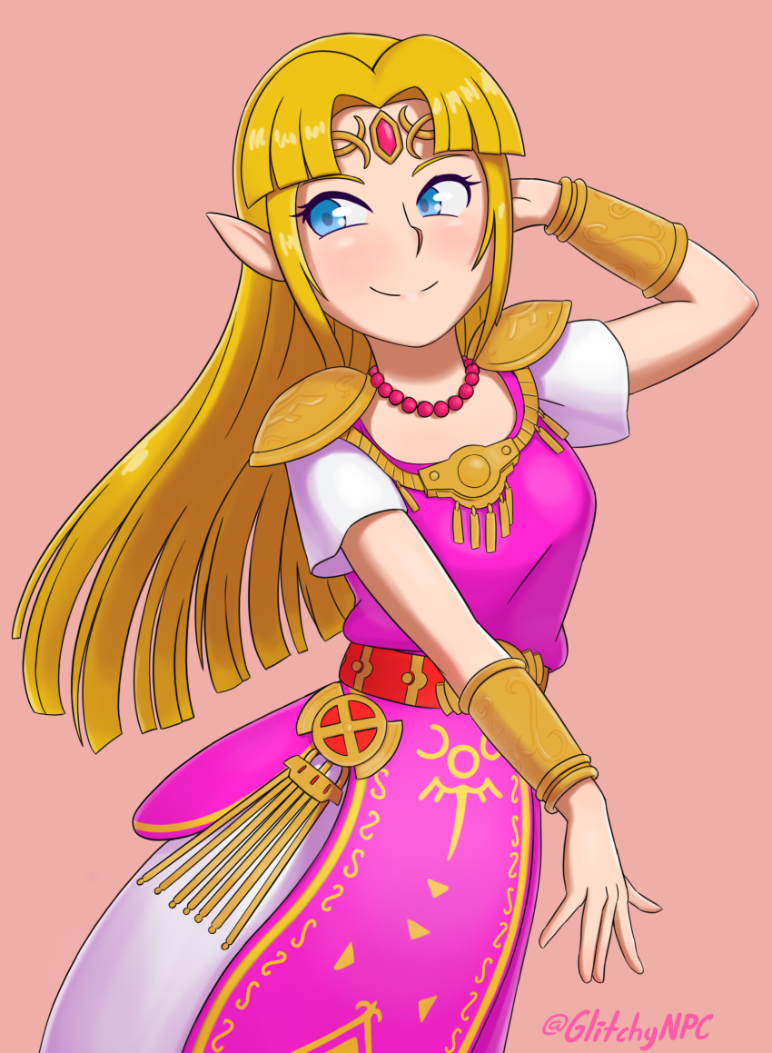 1girl blonde_hair blue_eyes blush bracelet breasts closed_mouth collar dress glitchynpc hand_on_head jewelry long_hair looking_to_the_side medium_breasts nintendo pink_background pointy_ears princess_zelda short_sleeves shoulder_pads simple_background smile solo the_legend_of_zelda the_legend_of_zelda:_a_link_between_worlds tiara