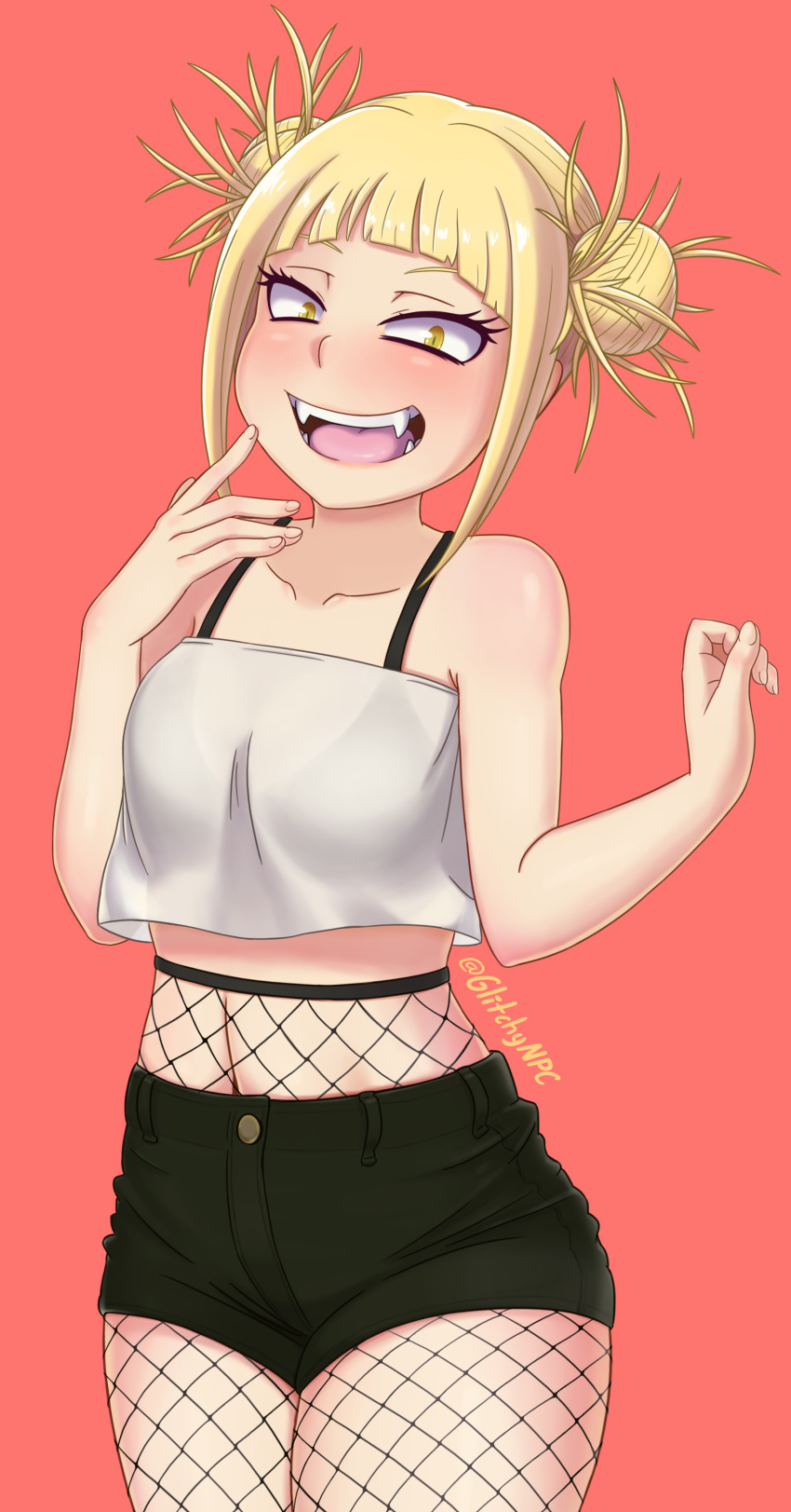 10s 1girl bare_arms bare_shoulders blonde_hair blush boku_no_hero_academia bra collarbone curvy double_bun fangs fishnets glitchynpc happy hips looking_at_viewer matching_hair/eyes medium_hair midriff navel open_mouth short_shorts shorts simple_background smile solo standing strapless teeth thick_thighs thighs toga_himiko tongue tubetop underwear wide_hips yellow_eyes