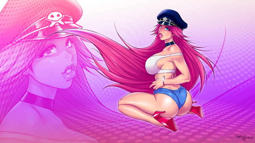 1girl ass bare_legs bare_shoulders blush bracelet breasts capcom choker denim denim_shorts eye_contact eyeshadow final_fight fingernails green_eyes hat high_heels highres hips huge_ass jewelry kneeling knees large_breasts legs lips lipstick long_hair long_nails looking_at_another looking_at_viewer looking_back makeup melkor_mancin melkormancin midriff naughty_face no_bra no_panties open_mouth pink_hair pink_lips pink_lipstick poison_(final_fight) shiny shirt shoes short_shorts shorts sideboob signature sitting smile solo squat squatting street_fighter street_fighter_iv tank_top teeth thick thick_lips thick_thighs thighs tight ultra_street_fighter_iv very_long_hair wedgie white_shirt