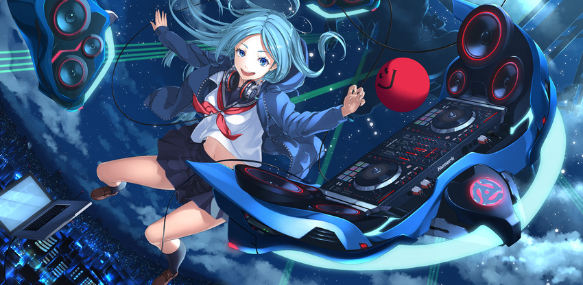 blue_eyes blue_hair computer headphones hyp navel original seifuku skirt stars