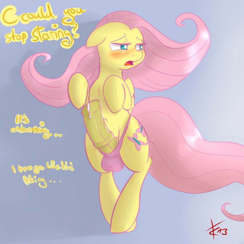 animal_genitalia balls blush cradeelcin cum cutie_mark dialog dickgirl duo english_text equine feral fluttershy_(mlp) friendship_is_magic fur green_eyes hair half-closed_eyes horse horsecock intersex long_hair mammal my_little_pony panties pegasus penis pink_hair pony text ubderwear underwear wings yellow_fur