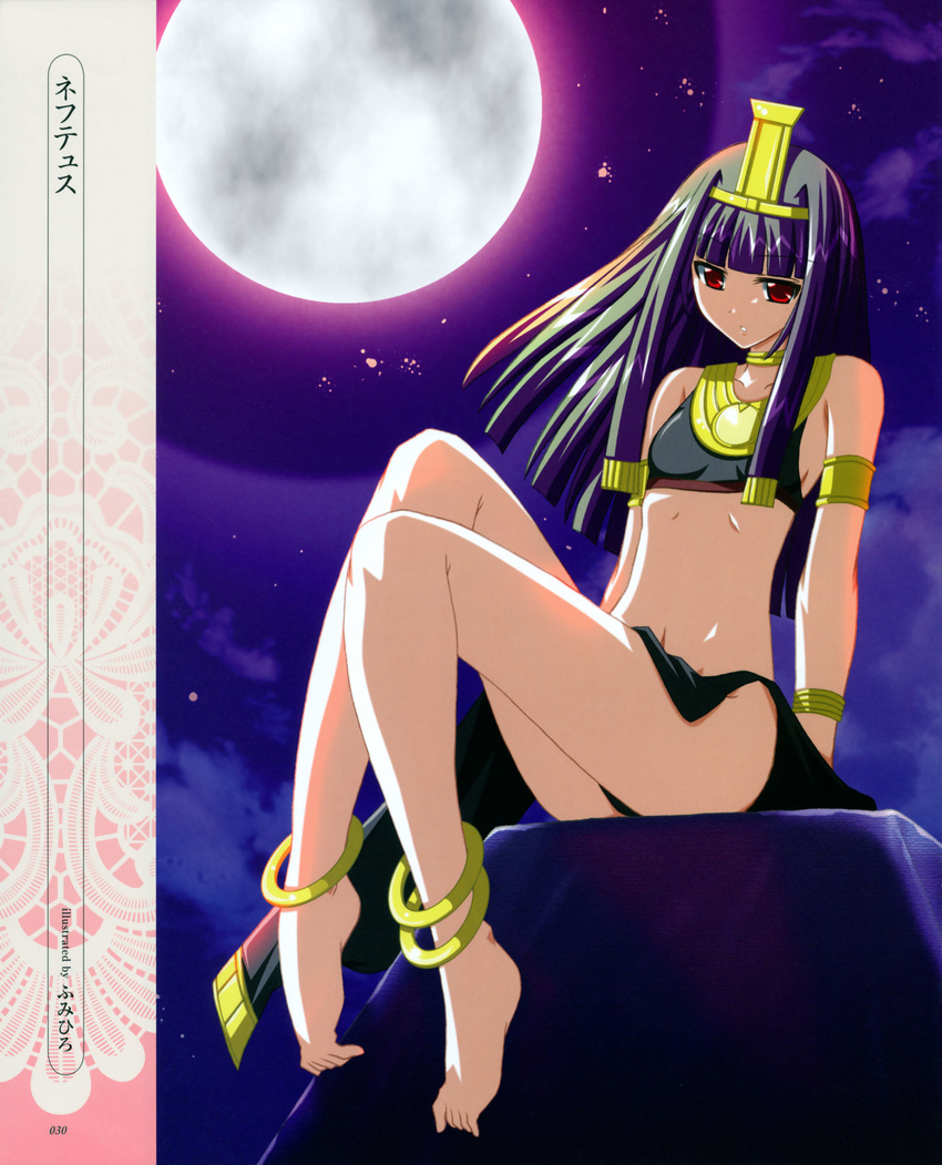 absurdres anklet barefoot breasts copyright_request egyptian feet fumihiro highres jewelry long_hair moon purple_hair red_eyes sideboob small_breasts solo