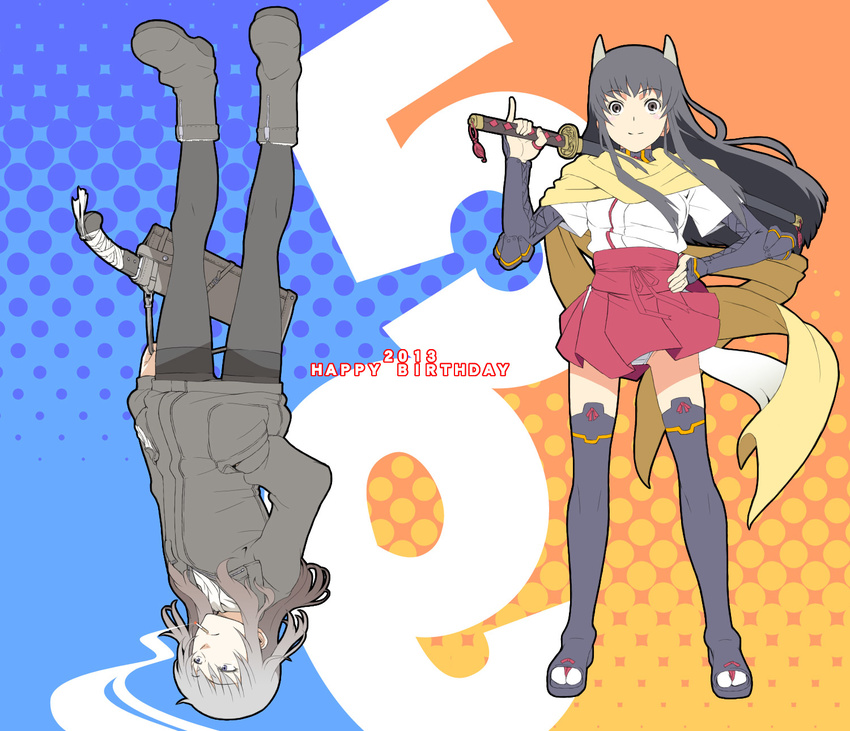 anabuki_tomoko animal_ears birthday black_hair blue_background boots choker cigarette dated dots elizabeth_f_beurling fox_ears fox_tail grey_hair hakama hakama_skirt hand_in_pocket happy_birthday highres holster jacket japanese_clothes katana knife kukri leather leather_boots leather_jacket long_hair multiple_girls no_pants number orange_background panties pantyhose patterned patterned_background red_hakama sandals scabbard scarf sheath smoke smoking sword tabigarasu tail thighhighs underwear weapon white_panties world_witches_series