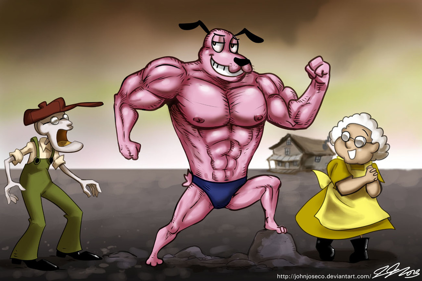 canine courage courage_the_cowardly_dog dog eustace_bagge eyewear female glasses grin group huge_muscles human john_joseco male mammal muriel_bagge muscles thong topless
