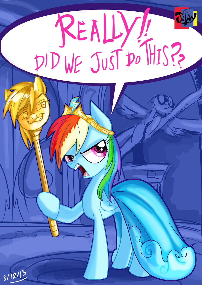 absurd_res annoyed cape crown dat_grin dialog door english_text equine female friendship_is_magic gold hair hi_res horse jowybean mammal multi-colored_hair my_little_pony pegasus pony purple_eyes rainbow_dash_(mlp) rainbow_hair scepter sceptre sculpture solo standing statue text wings wonderbolts_(mlp)