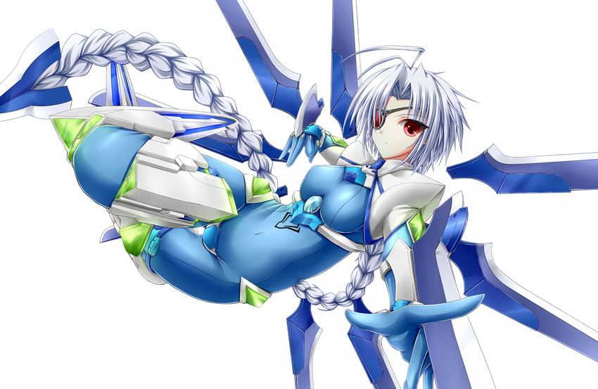 ahoge blazblue bodysuit braid eyepatch hair_weapon long_hair mecha_musume nu-13 red_eyes shouyan silver_hair solo transparent_background weapon