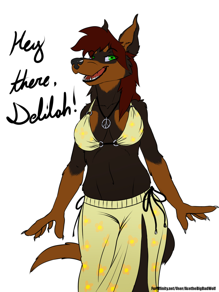 &#9774; ? anthro brown_fur canine claws cleavage clothed clothing color delilah digital doberman dog female flower fur green_eyes looking_at_viewer mammal metal necklace open_mouth skirt smile watermark