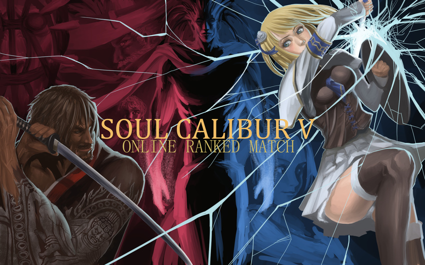 black_hair blonde_hair blue_eyes copyright_name facial_hair highres japanese_clothes mitsurugi_heishirou murasaki-sin pyrrha_alexandra shield skirt soul_calibur soulcalibur_v sword thighhighs weapon